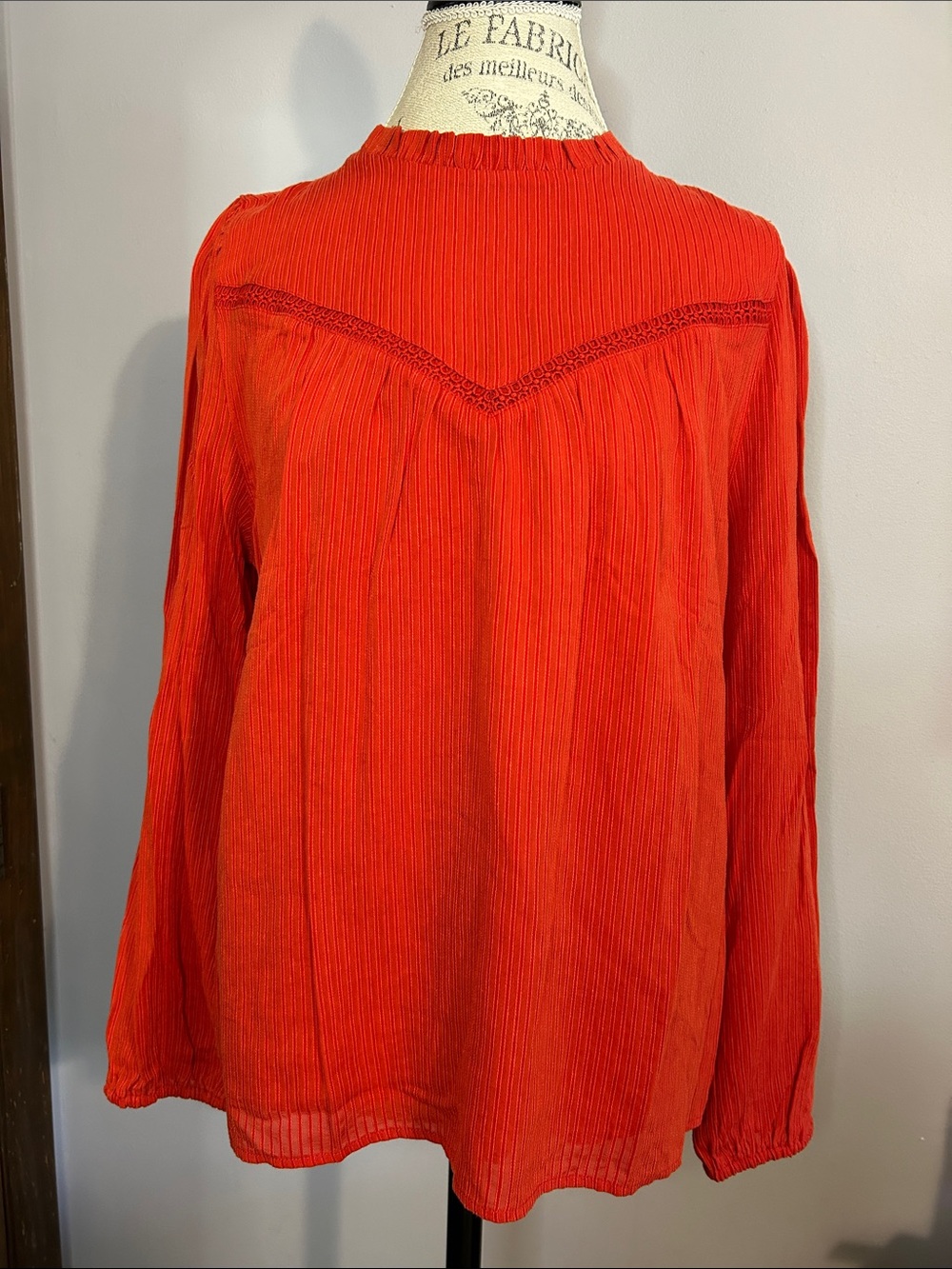 LOFT Red Pleated Long-Sleeve Blouse